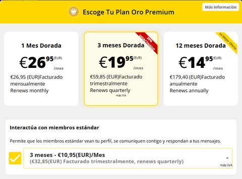 Captura de pantalla de los precios de AdultFriendFinder