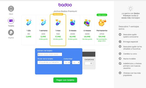 Captura de pantalla de los precios de Badoo