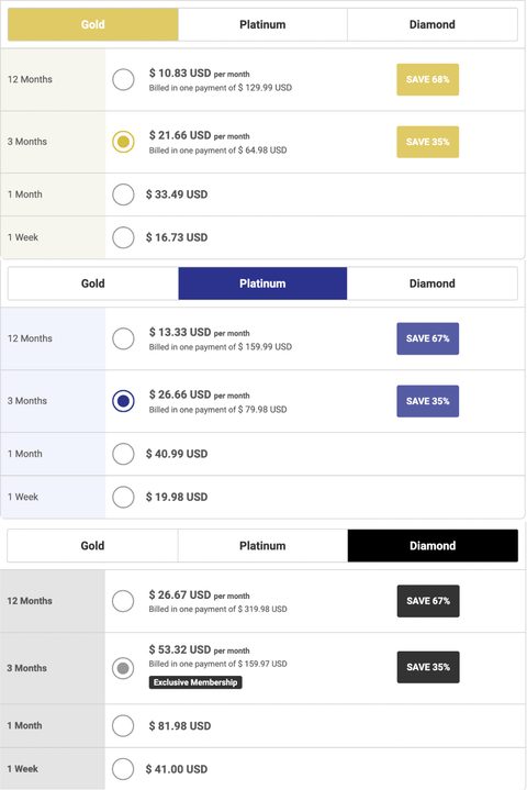 Captura de pantalla de los precios de BBWCupid