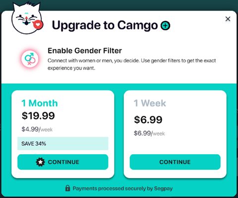 Captura de pantalla de los precios de Camgo
