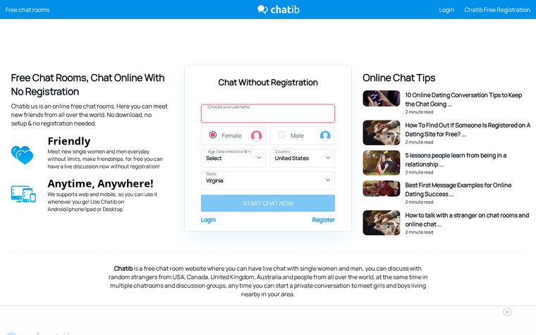 Captura de pantalla del sitio web de Chatib