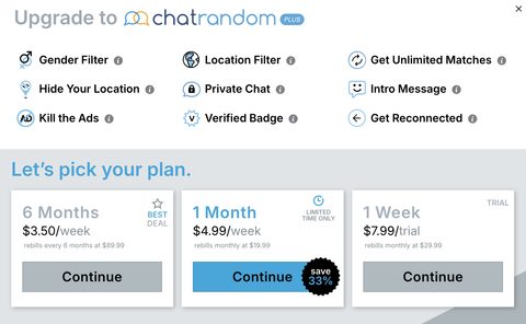 Captura de pantalla de los precios de Chatrandom