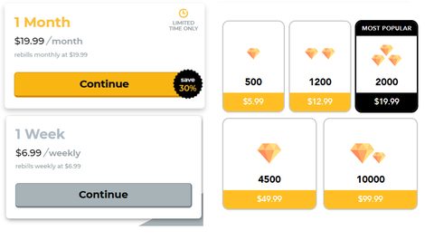 Captura de pantalla de los precios de Chatspin