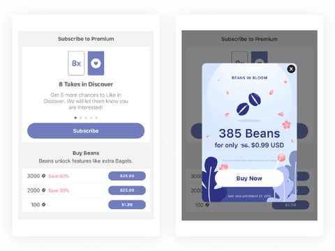 Captura de pantalla de los precios de Coffee Meets Bagel