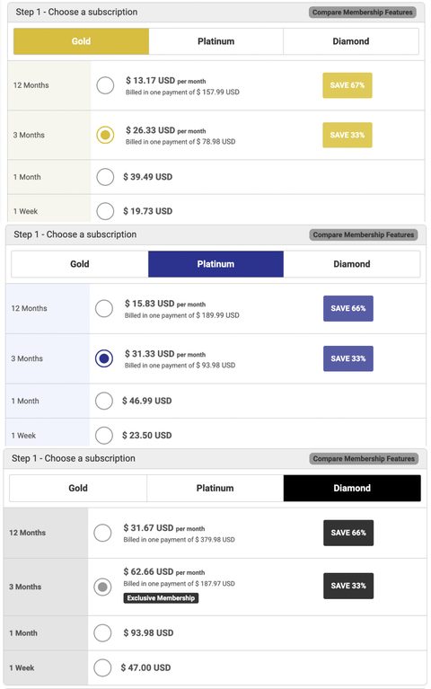 Captura de pantalla de los precios de Colombian Cupid