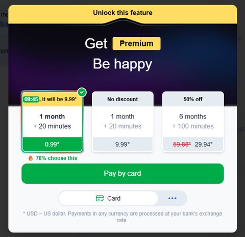 Captura de pantalla de los precios de CooMeet