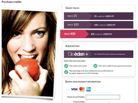 Captura de pantalla de los precios de Gleeden