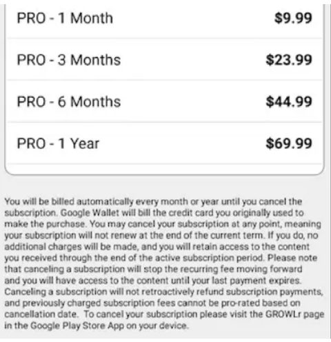 Captura de pantalla de los precios de Growlr