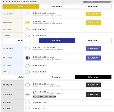 Captura de pantalla de los precios de JapanCupid