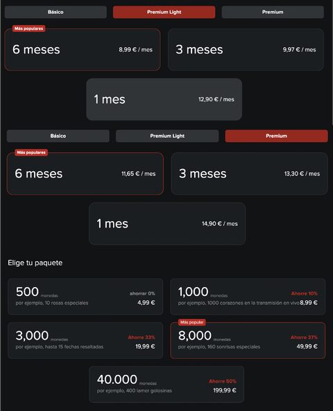 Captura de pantalla de los precios de JOYclub