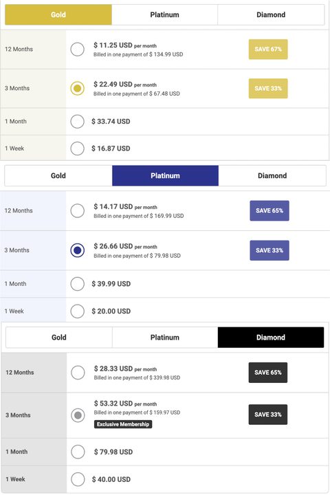 Captura de pantalla de los precios de LatinAmericanCupid