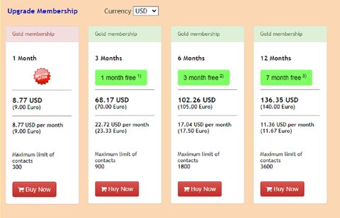 Captura de pantalla de los precios de LatinLove