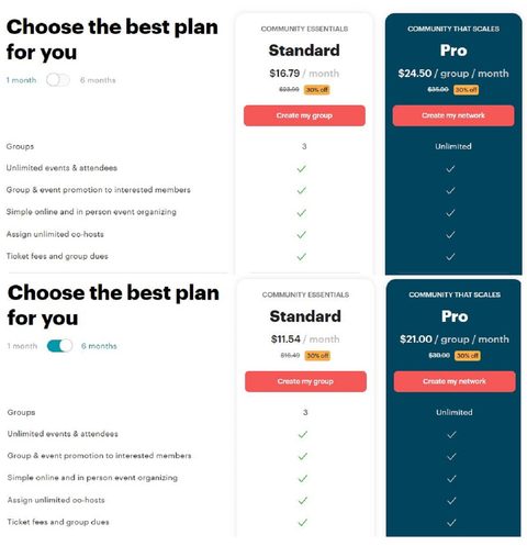 Captura de pantalla de los precios de Meetup