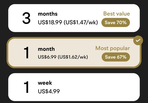 Captura de pantalla de los precios de Muzz