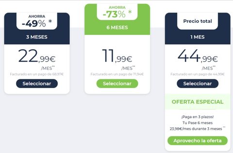 Captura de pantalla de los precios de Ourtime