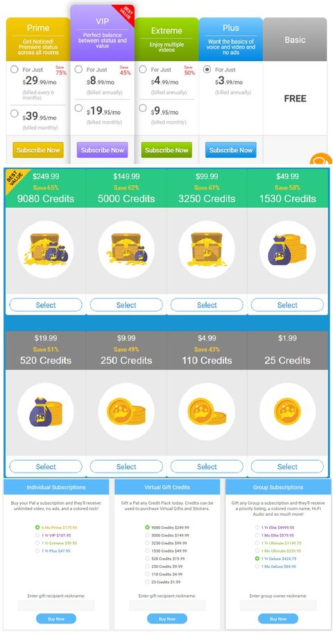 Captura de pantalla de los precios de Paltalk