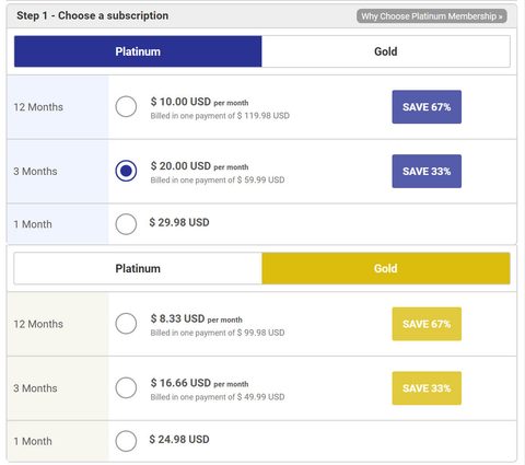 Captura de pantalla de los precios de PinkCupid