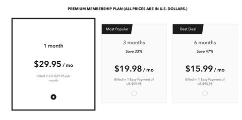 Captura de pantalla de los precios de Senior Match