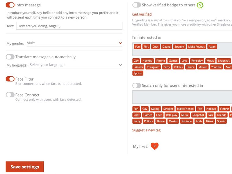 Información del perfil en Shagle