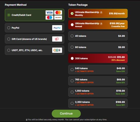 Captura de pantalla de los precios de Stripchat
