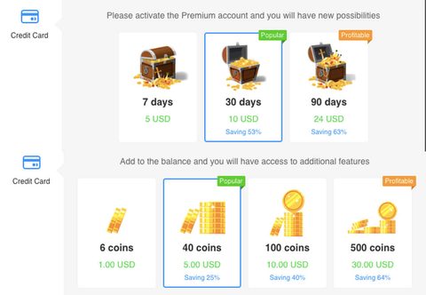 Captura de pantalla de los precios de TopFace