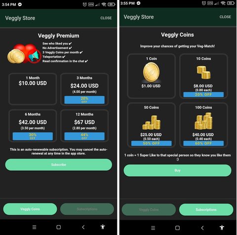 Captura de pantalla de los precios de Veggly