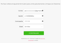 pantalla de registro web de contactos amigos con derechos